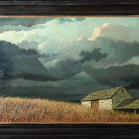 Alt text: Painting of storm clouds rolling in over a farm
