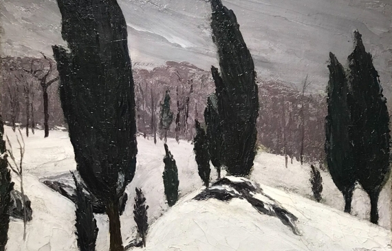 Alt text: Painting of poplar trees and snow