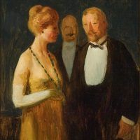 Alt text: Painting of three socialites conversing at a party