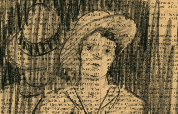 Alt text: Sketch of a woman in a hat sitting before a mirror with her backside in the reflection 