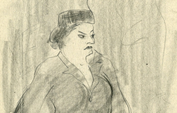Alt text: Pencil sketch of a rotund woman in a hat