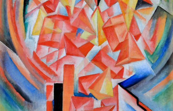 Alt text: Small abstract geometric painting with futuristic forms