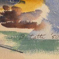 Alt text: Detail of bottom right corner of watercolor, signed 