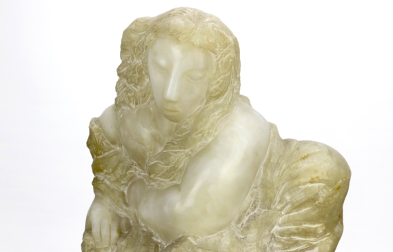 Alt text: Hand carved alabaster bust of an angelic-looking woman