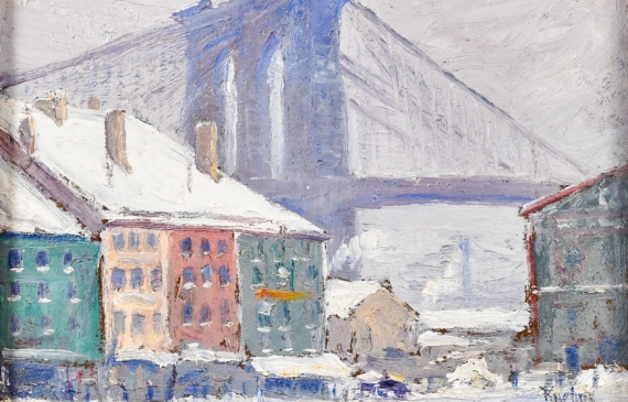 Alt text: Painting of a snowy city scene beneath the Brooklyn Bridge, framed