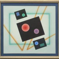 Abstract gouache painting coated with latex portraying three different size rectangles overplayed with other shapes, framed