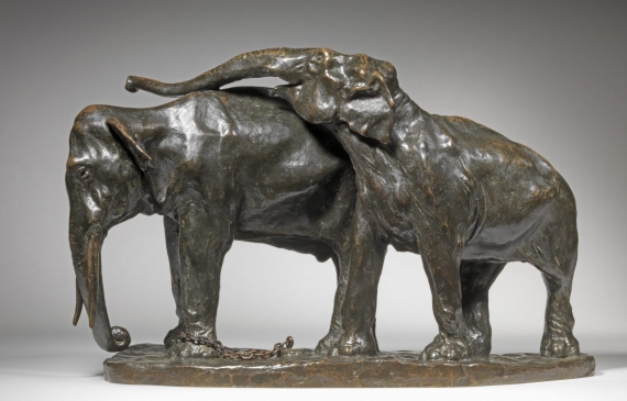 Alt text: Bronze sculpture of a pair of elephants leaning against one another, side view