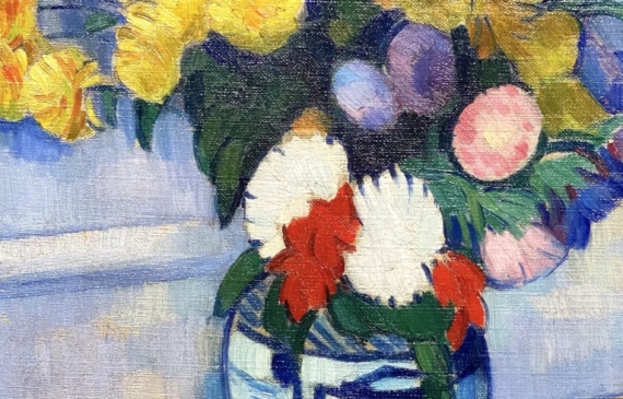 Alt text: Painting of an assortment of fresh flowers in a vase