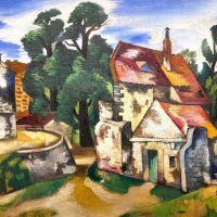Alt text: Cubist landscape painting of a town in the countryside