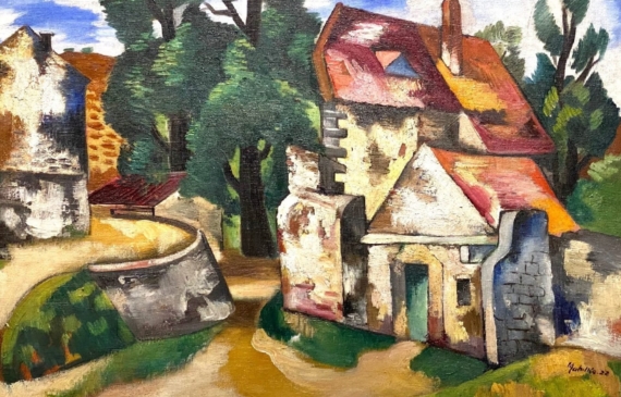 Alt text: Cubist landscape painting of a town in the countryside, framed