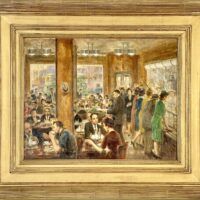 Alt text: framed painting of people in a crowded cafeteria