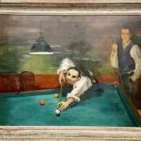 Alt text: A painting of two men at a billiard room playing pool, one lining up a shot while the other stands off to the side and watches, framed