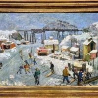 Alt text: Painting of a town frozen over by ice, with raised train tracks in the background, framed