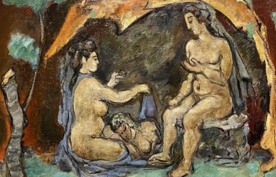 Alt text: Landscape painting of a woman sitting on a stump, conversing with a woman seated on the ground; the third woman lying down with her head in the other's lap