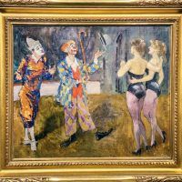 Alt text: Painting of two clowns and two tight rope walkers at the circus, framed
