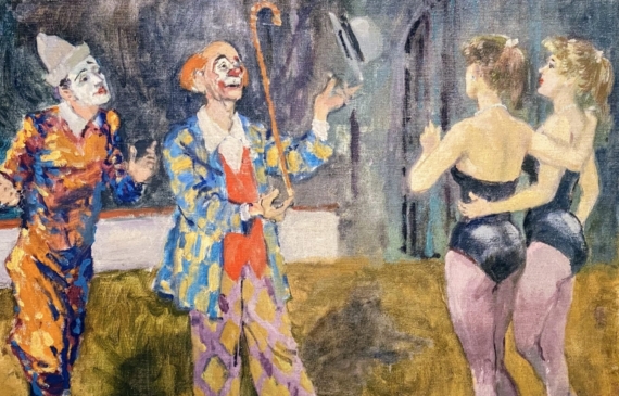 Alt text: Painting of two clowns and two tight rope walkers at the circus