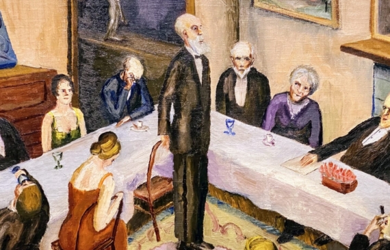 Alt text: Painting of a dinner party with guests seated around connecting tables, and an older gentleman standing as if giving a speech
