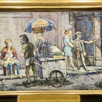 Alt text: Oil painting of a New York street scene, with a cart vendor speaking to a woman with a baby while others pass by, framed