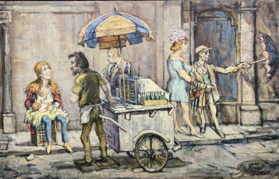 Alt text: Oil painting of a New York street scene, with a cart vendor speaking to a woman with a baby while others pass by
