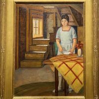 Alt text: Painting of a young woman standing at a table looking down inside of a house, framed