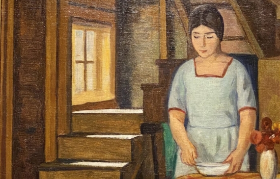 Alt text: Painting of a young Edith Halpert standing at a table looking down inside of a house