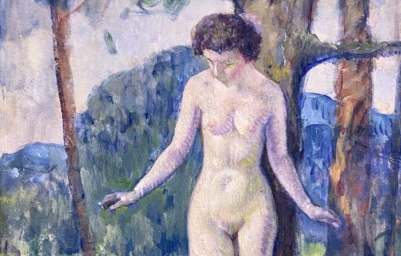 Alt text: Painting of a nude woman looking down in a forest, framed