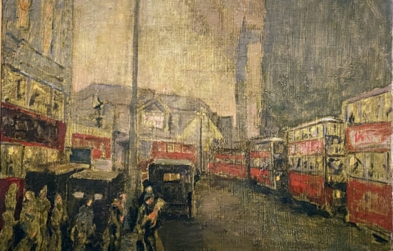Alt text: Painting of a city street scene with double decker buses and pedestrians crossing the road