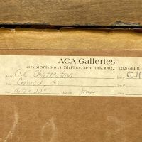 Alt text: ACA Galleries label on carnival painting verso with gallery and painting information 