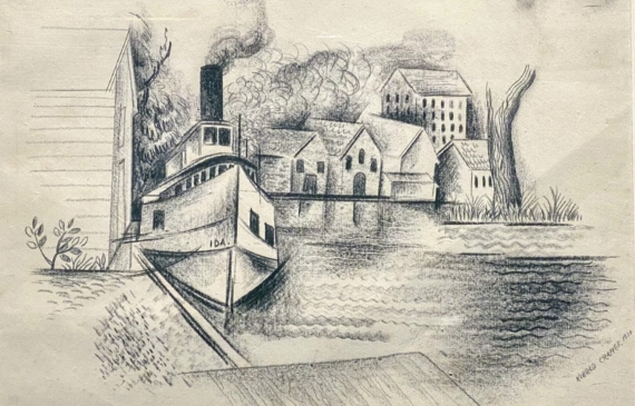 Alt text: Work on paper of a boat docked with a town in the background across the water