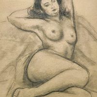 Alt text: Pencil drawing of a nude woman lounging seductively