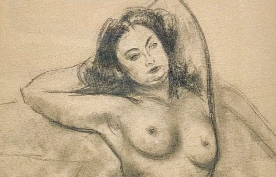 Alt text: Pencil drawing of a nude woman lounging seductively, framed