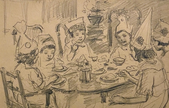Alt text: Pencil drawing of children seated around a table eating cake and wearing festive hats at a birthday celebration