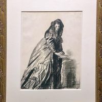 Alt text: Charcoal drawing of a young woman in a large, puffy cloak leaning her hands on a pedestal, framed