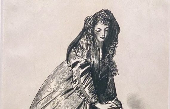 Alt text: Charcoal drawing of a young woman in a large, puffy cloak leaning her hands on a pedestal 