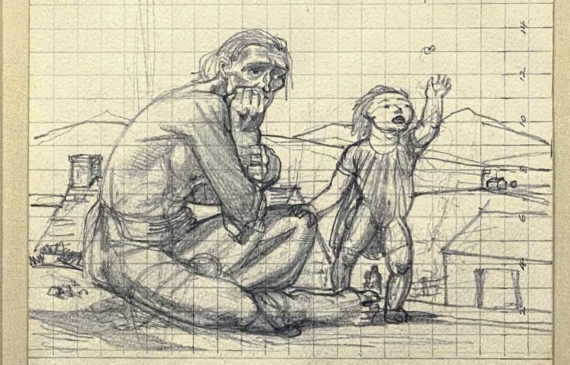 Alt text: Pencil sketch of a Native American father sitting and staring ahead in deep contemplation while his small son stands beside him waving