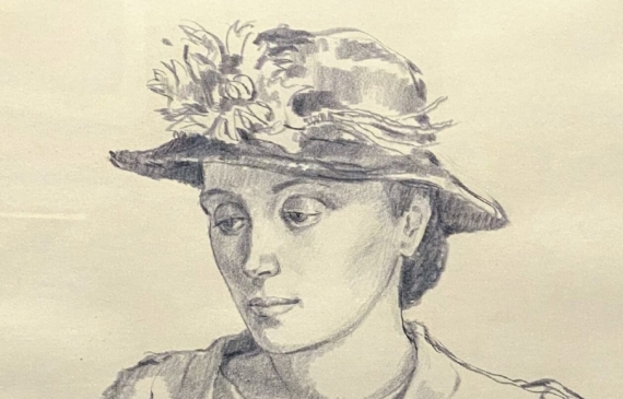 Alt text: Pencil drawing of a woman in a hat