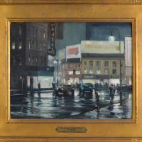Alt text: Oil painting of vintage cars driving through city streets at night time, with the road reflecting store and headlights as if it recently rained, framed