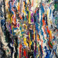 Alt text: Abstract oil painting with vertical, mixed up stripes