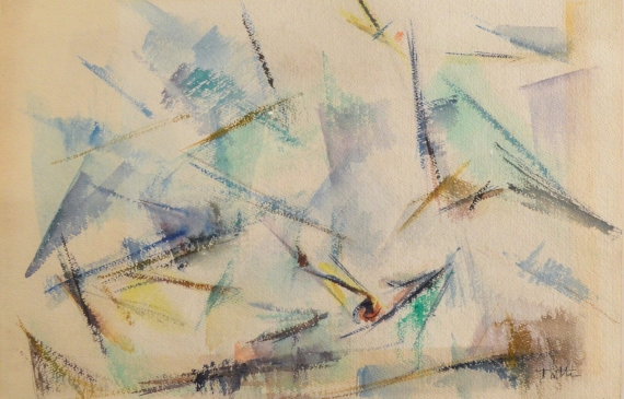 Alt text: Abstract watercolor of seagulls in a feeding frenzy, with an empty background