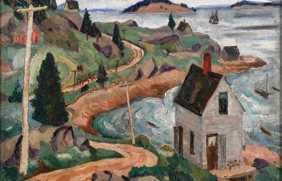 Alt text: Oil painting of a small cottage on the coast at Deer Island beside a winding road