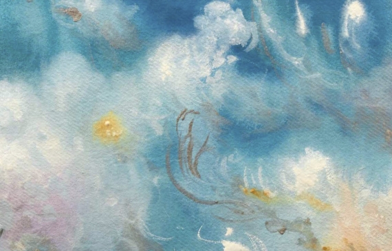 Alt text: Painting of the sky with flowing clouds and abstracted paint strokes