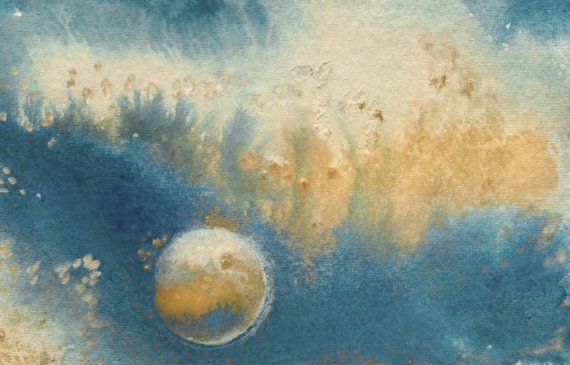 Alt text: Painting of streaming clouds with a celestial body floating in the bottom left quadrant