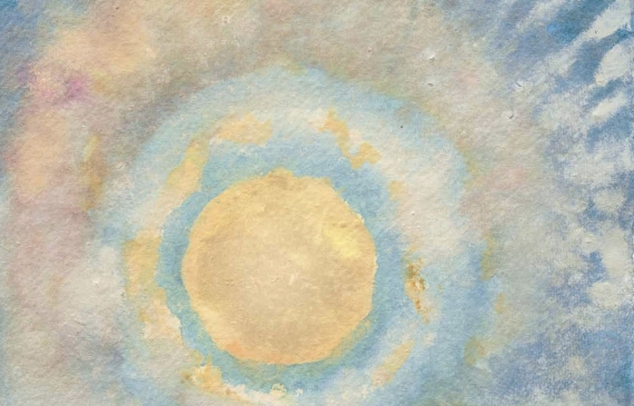 Alt text: Abstract painting of the sun peering through a cloud