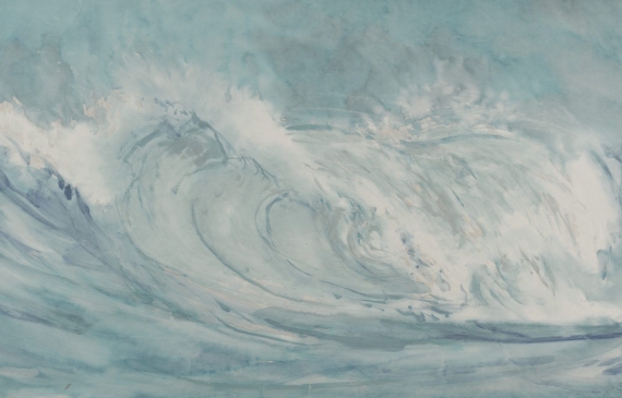 Alt text: Watercolor painting of a single cresting wave