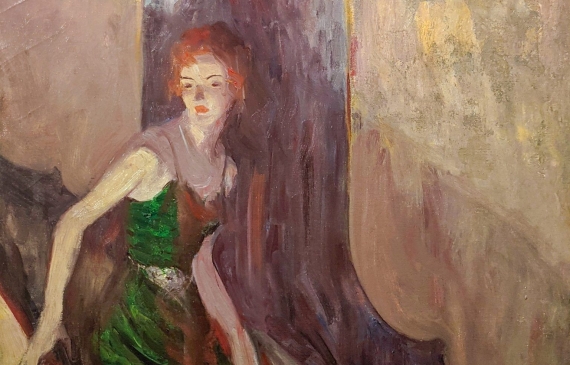 Alt text: Oil painting of a woman in an evening gown descending a staircase