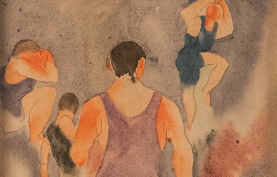 Alt text: Watercolor painting of bathers