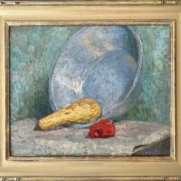 Alt text: Still life painting of fruit and a bowl