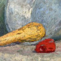 Alt text: Still life painting of fruit and a bowl, detail