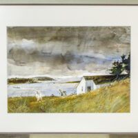 Alt text: Watercolor painting of a house on the shore, framed
