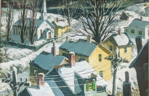 Alt text: Painting of a seaside town in winter